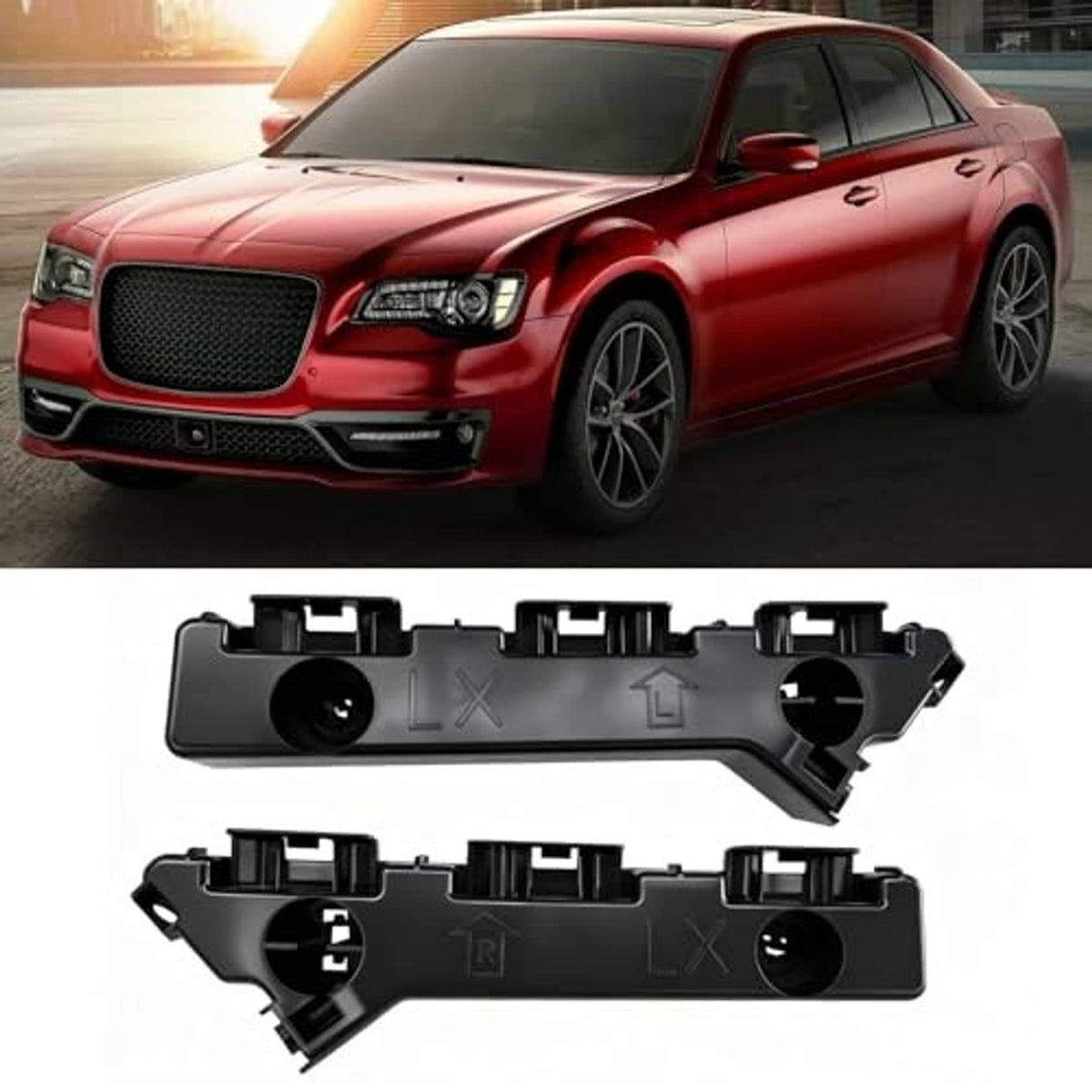 Front bumper bracket pair, black plastic pieces with round openings and mounting tabs
