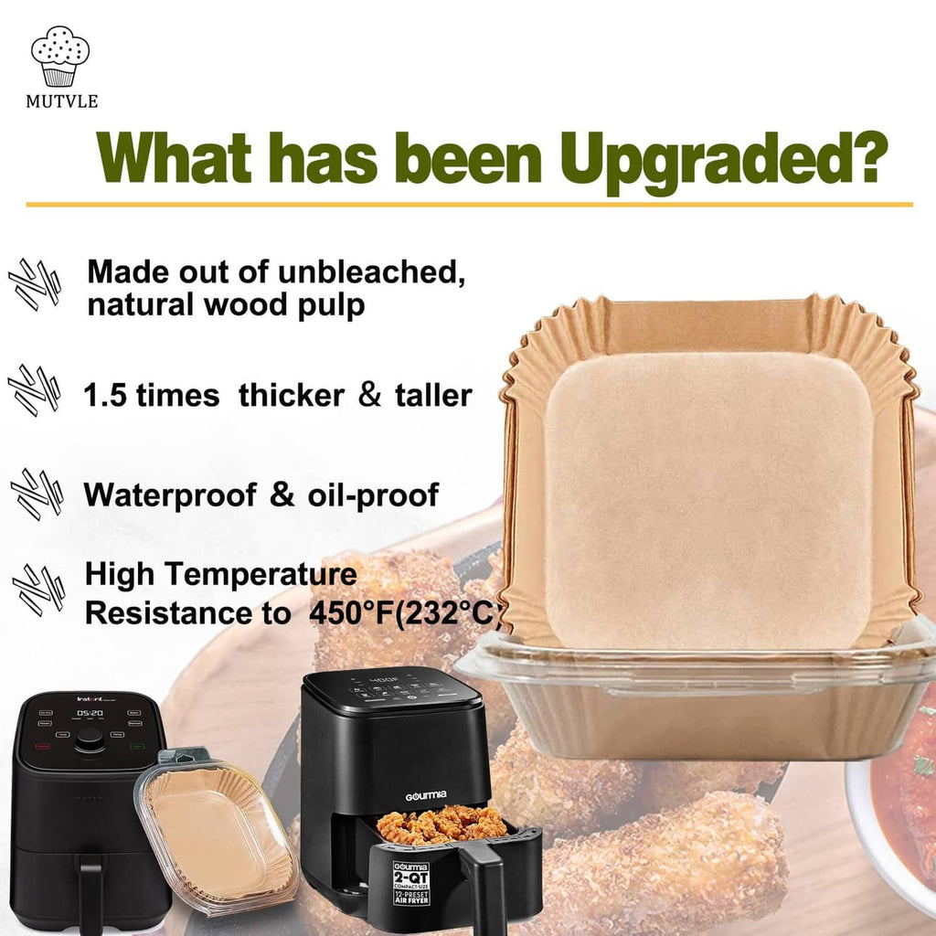 Square natural paper air fryer liner on top of clear plastic packaging