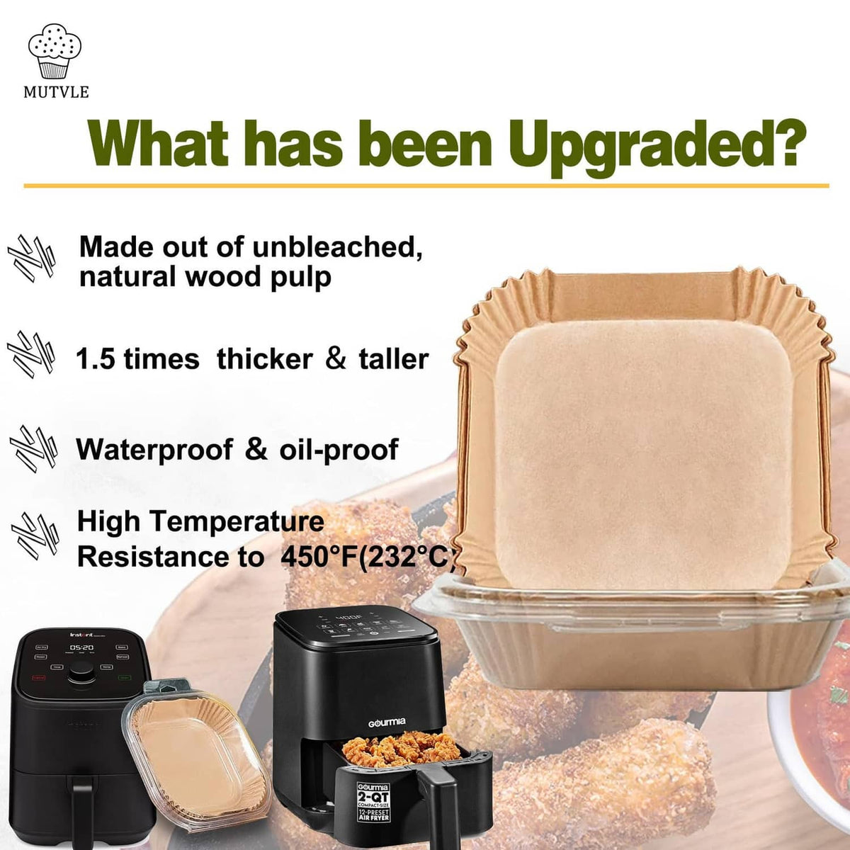 Square natural paper air fryer liner on top of clear plastic packaging