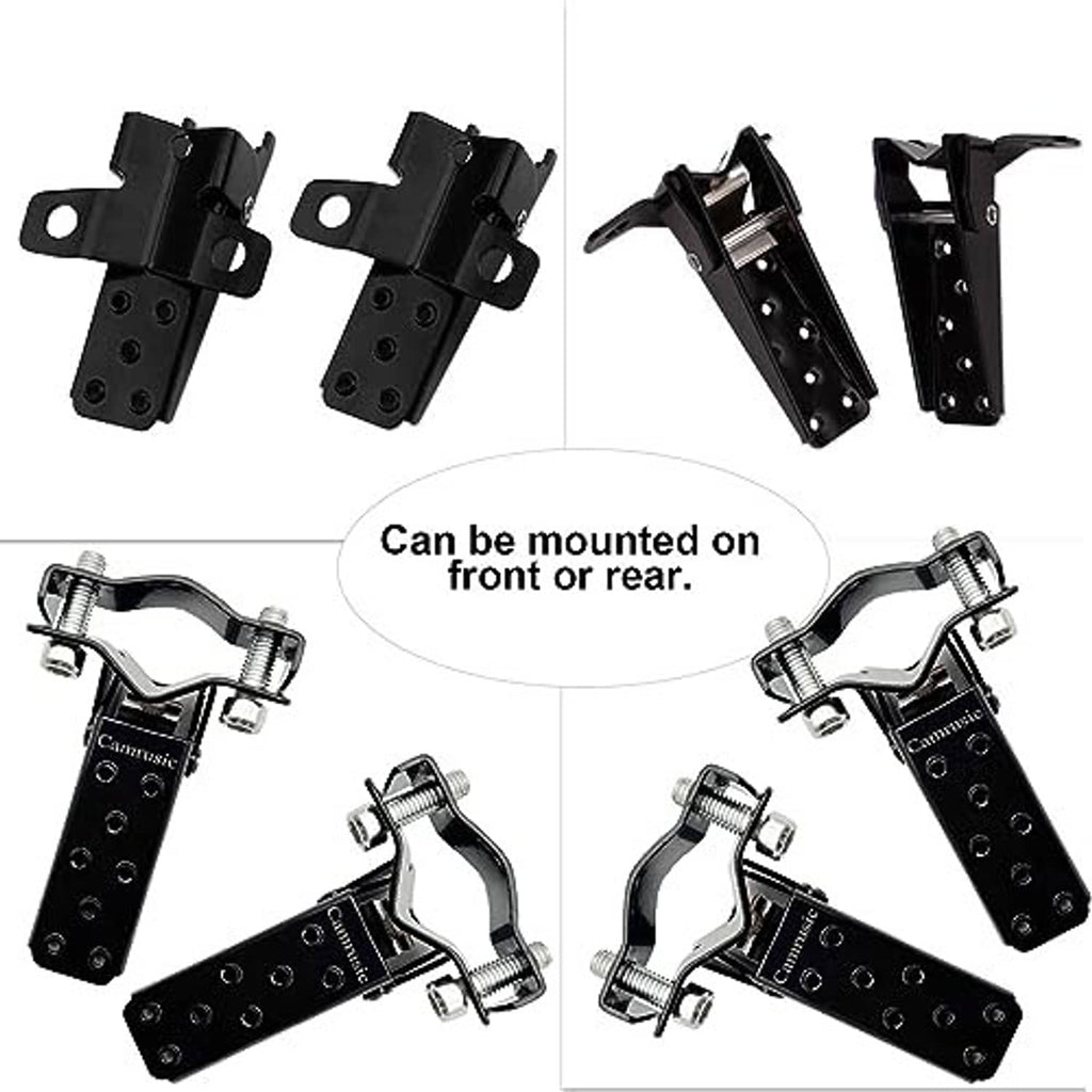Universal motorcycle foot pegs shown from multiple angles with black base plates