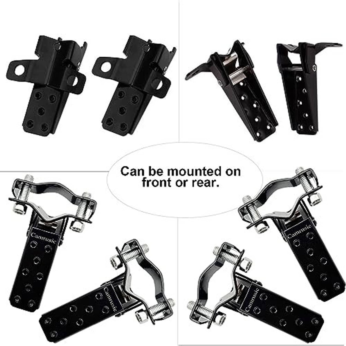 Universal motorcycle foot pegs shown from multiple angles with black base plates
