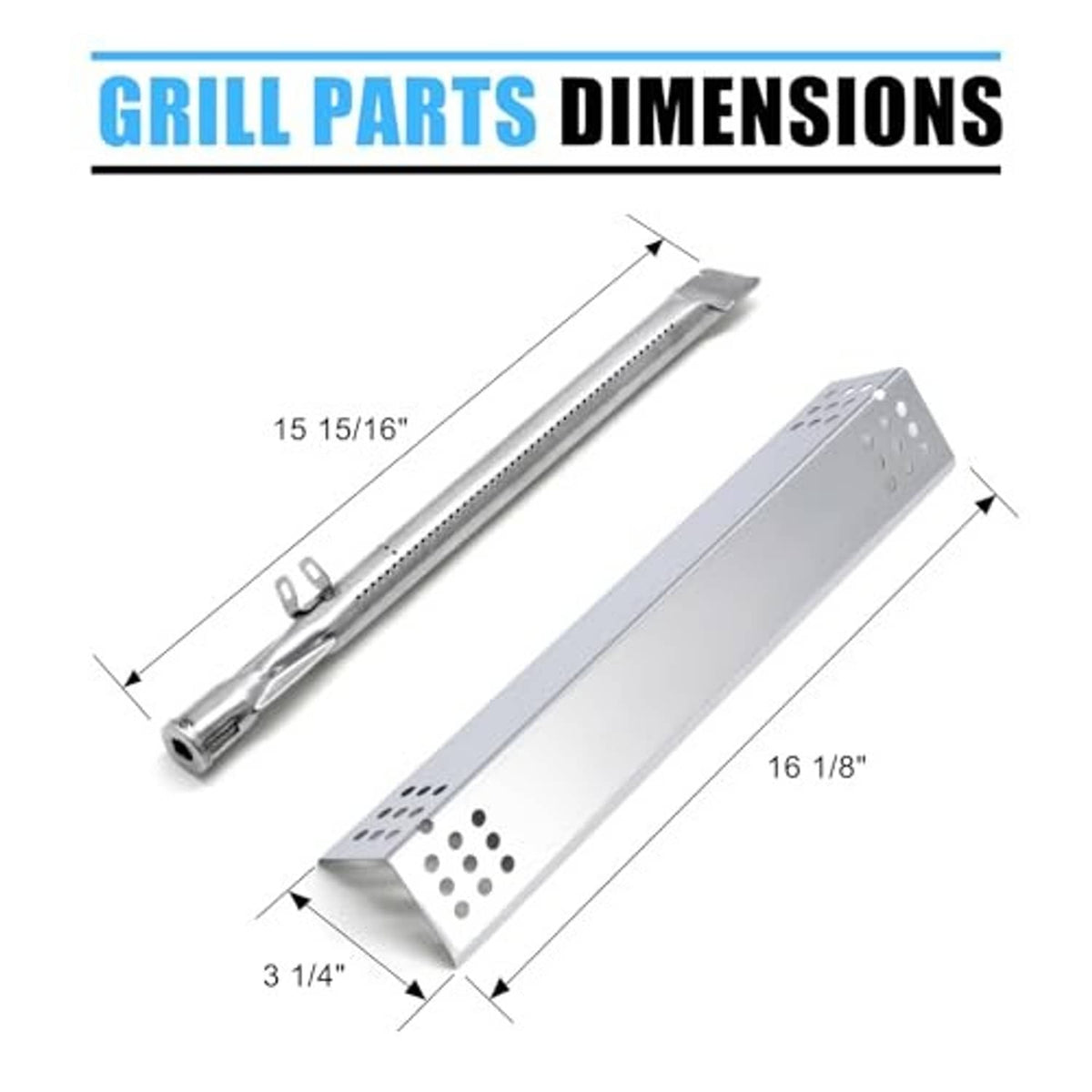 Grill burner tube and heat shield panel size diagram