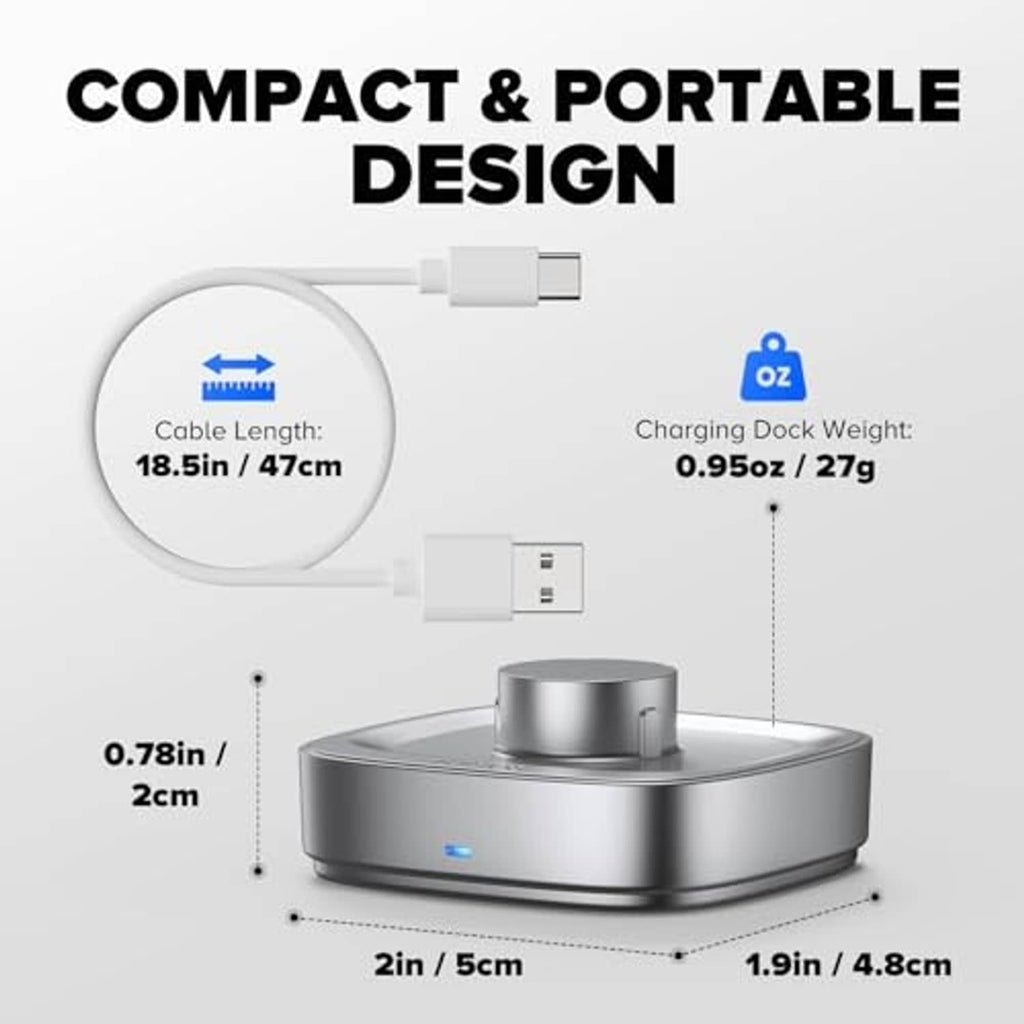 Compact silver ring charging dock with centered ring holder and blue indicator