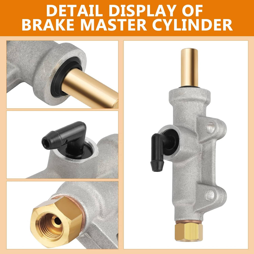 Brake master cylinder detail view showing gold outlet fitting and black rubber boot