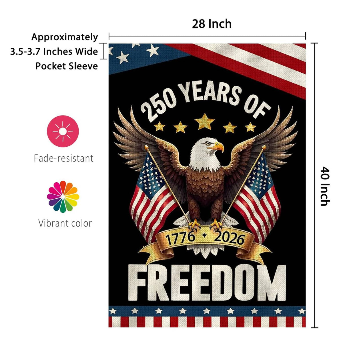 Patriotic garden flag with eagle, “250 Years of Freedom,” and U.S. stars-and-stripes border