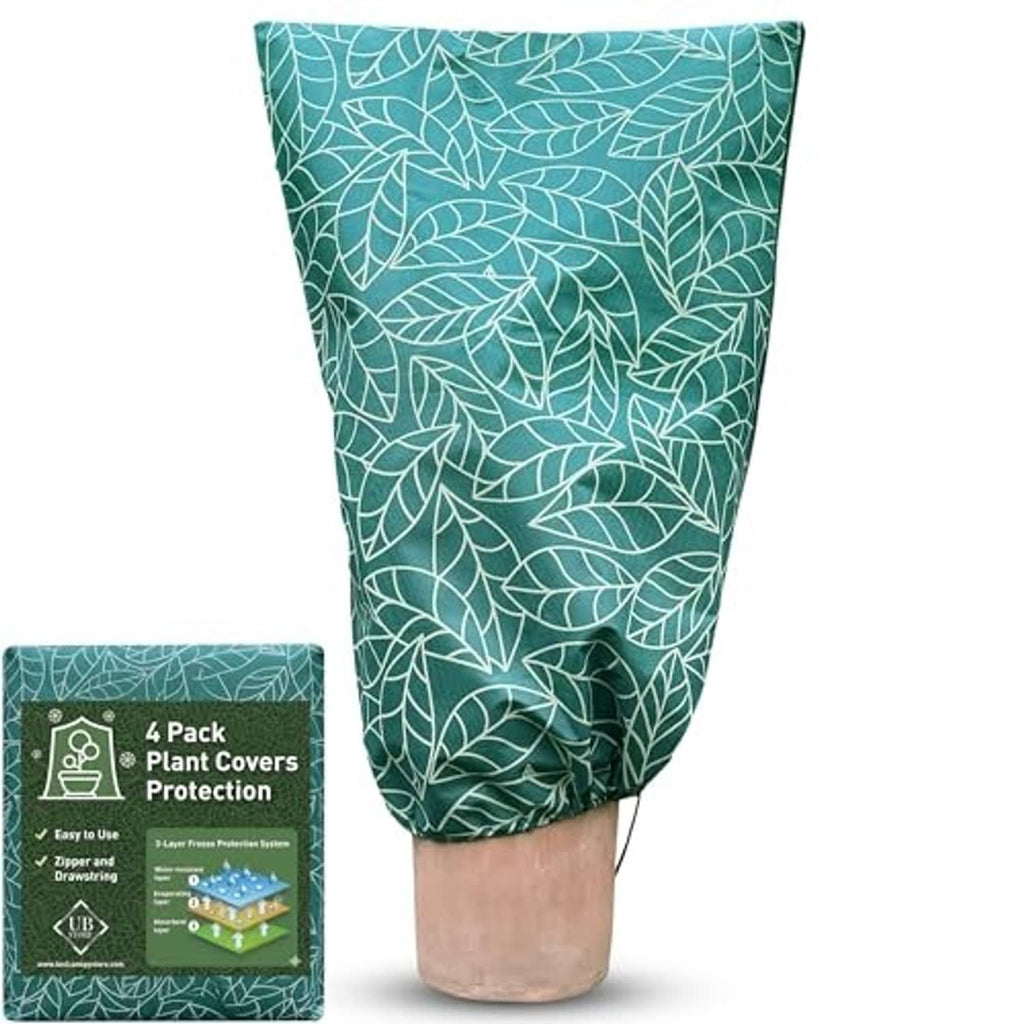 Set of four green plant protection covers with white leaf pattern and care panel