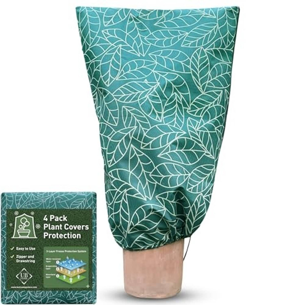 Set of four green plant protection covers with white leaf pattern and care panel