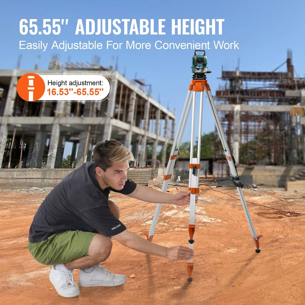 Laser level tripod stand with orange center clamp and three extended silver legs.