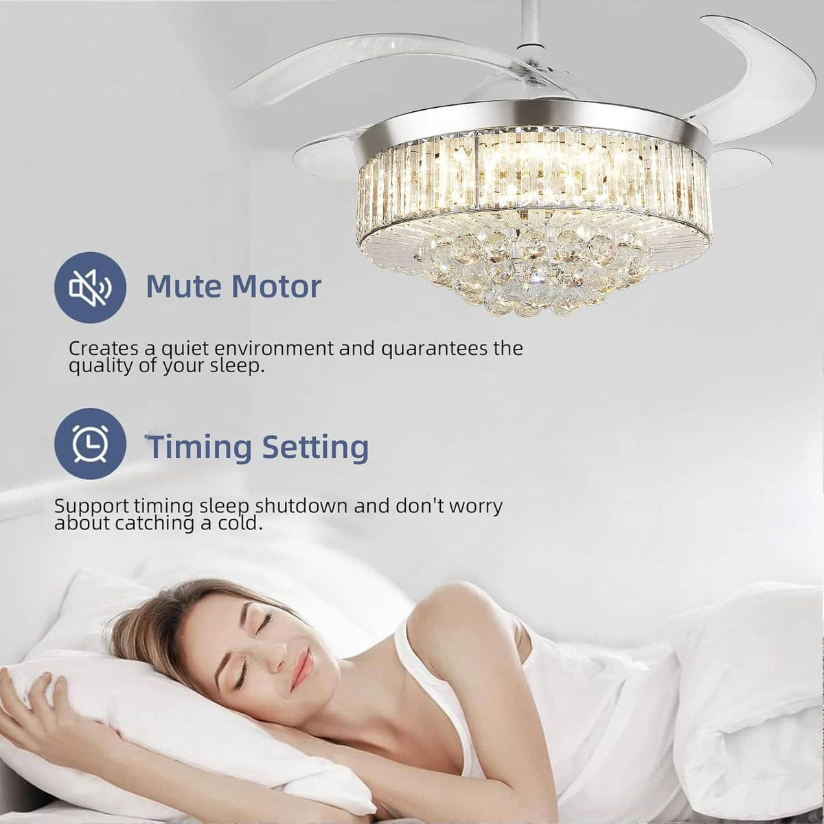 Chrome ceiling fan with crystal light above a bed, quiet night use highlighted