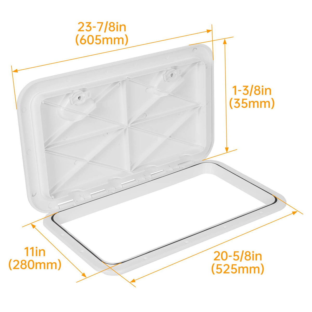 White marine deck hatch dimensions diagram with open lid and mounting frame