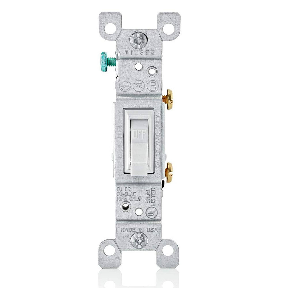 Single-pole AC toggle switch mechanism, white, with screws and brass terminals