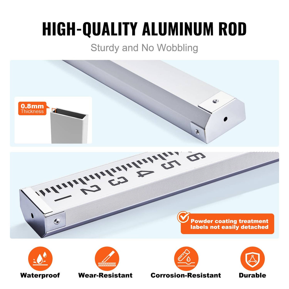 High-quality aluminum measuring rod with engraved black and red measurement markings
