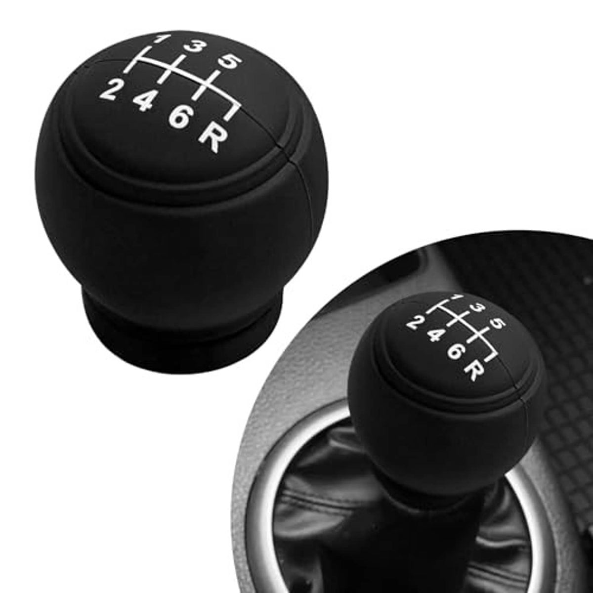 Black 6-speed gear shift knob cover with shift markings 1-6 and R, angled view