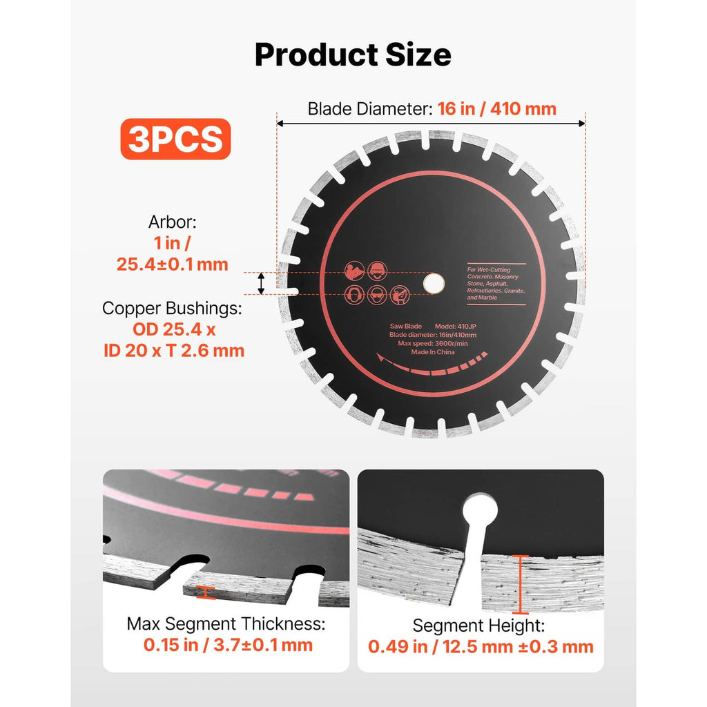 Three 16 in diamond blades, 1 in arbor; 0.15 in max segment thickness