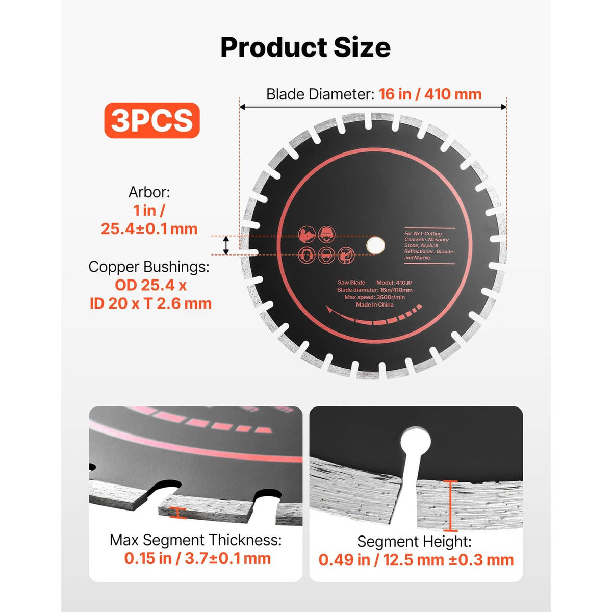 Three 16 in diamond blades, 1 in arbor; 0.15 in max segment thickness