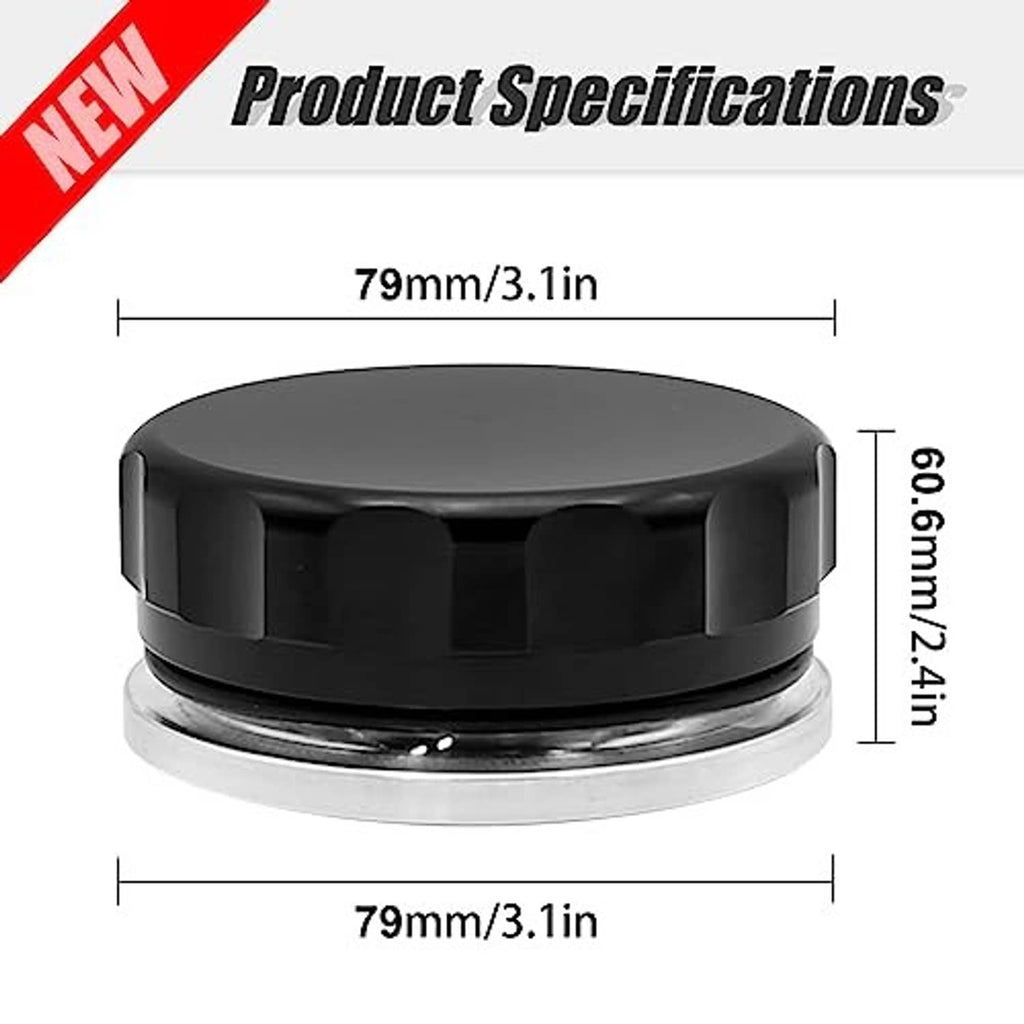 Black oil fuel filler neck cap with metal base ring and round top profile