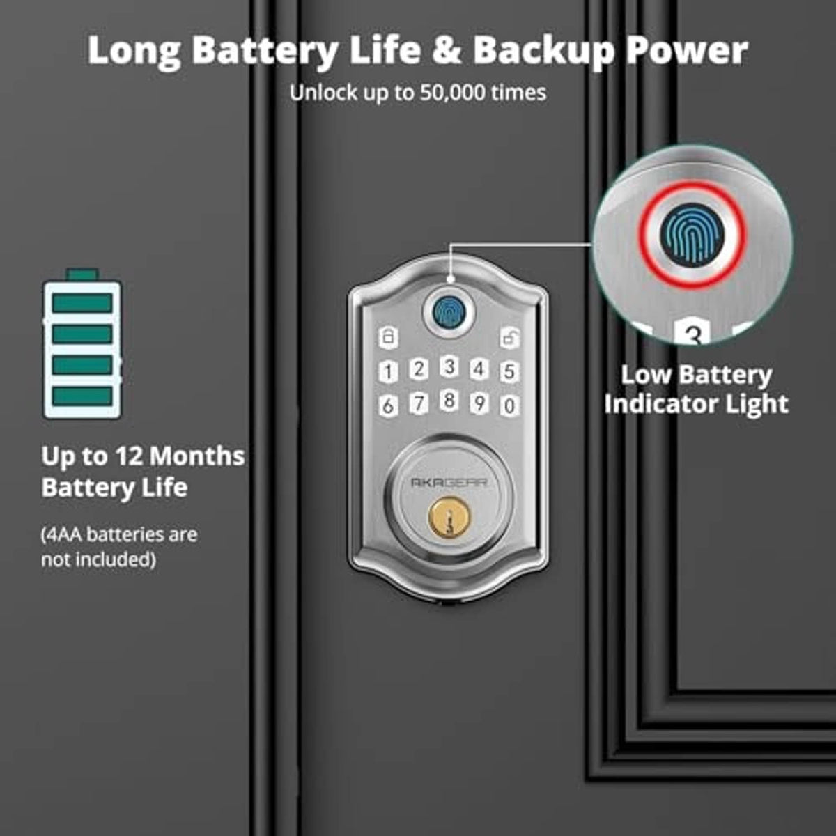 Satin nickel keyless door lock with fingerprint light, keypad, and low-battery indicator