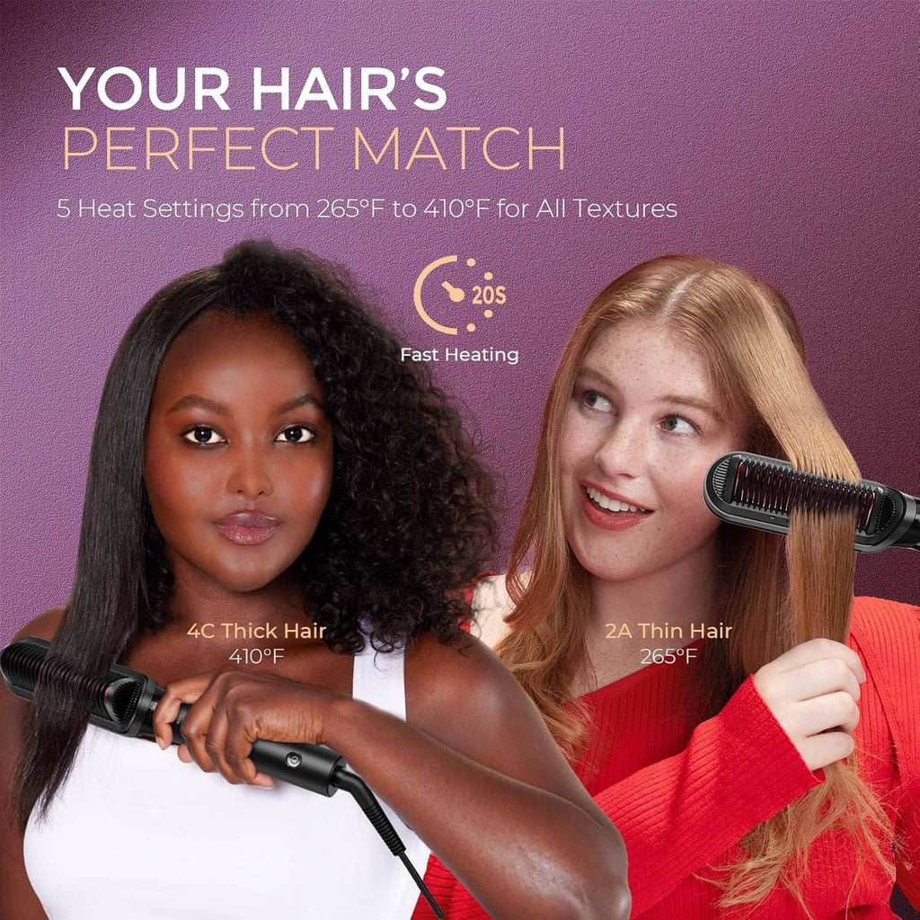 Two women holding a hair straightening brush for styled hair