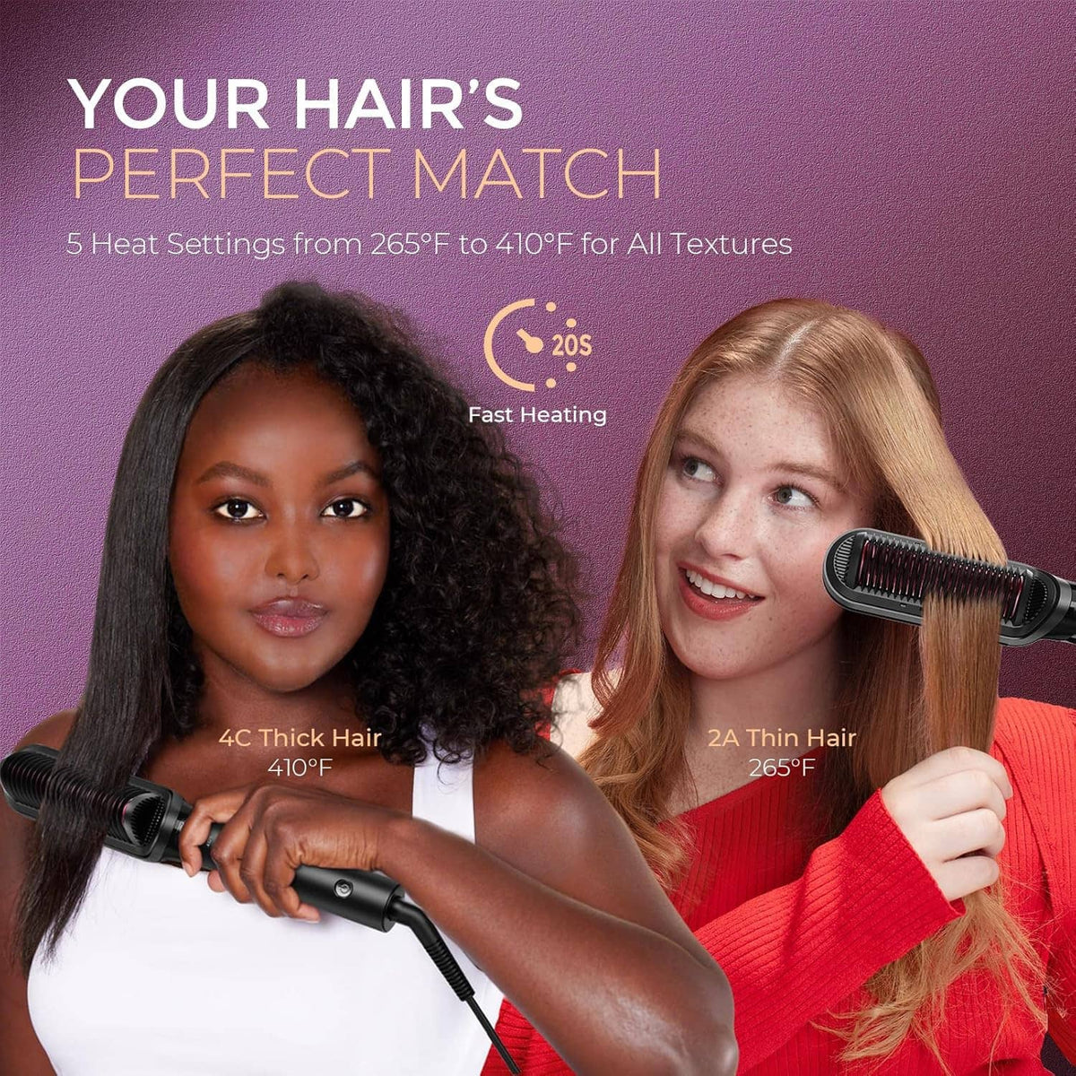 Two women holding a hair straightening brush for styled hair