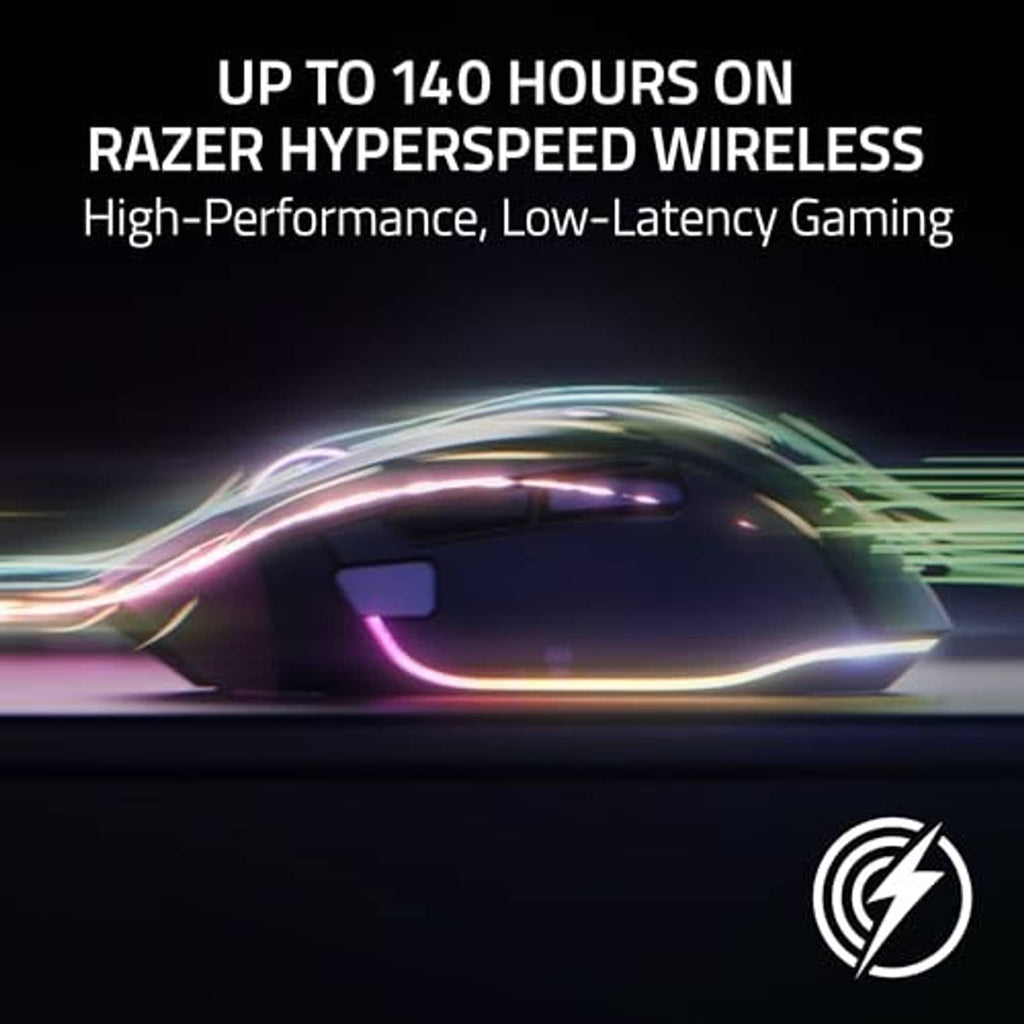 Black wireless gaming mouse with colorful RGB light trail accent
