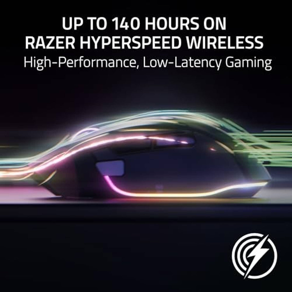 Black wireless gaming mouse with colorful RGB light trail accent