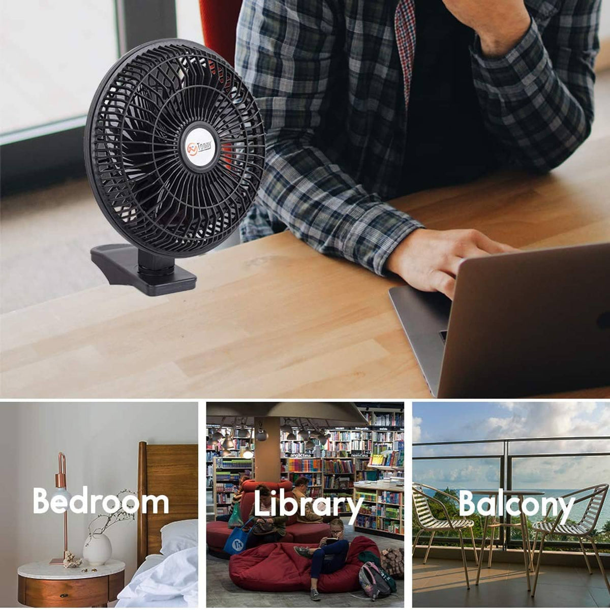 Black clip-on desk fan on tabletop aimed toward a laptop for home office cooling.