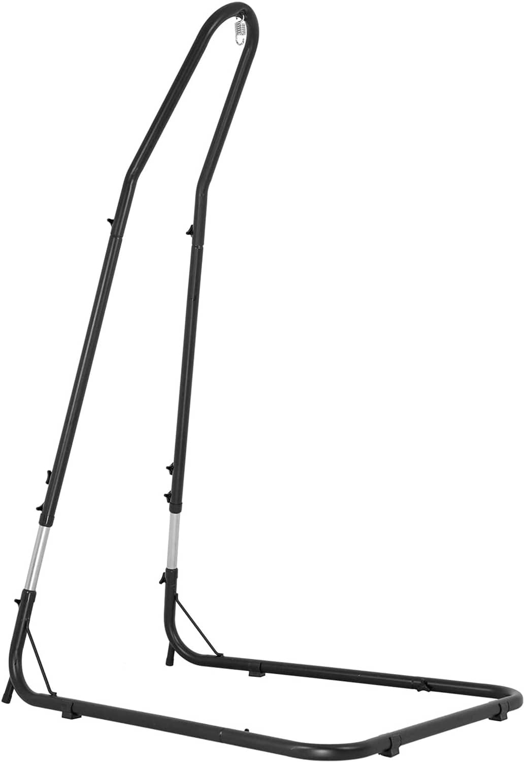 Adjustable hammock chair stand with black frame and silver height-adjust legs