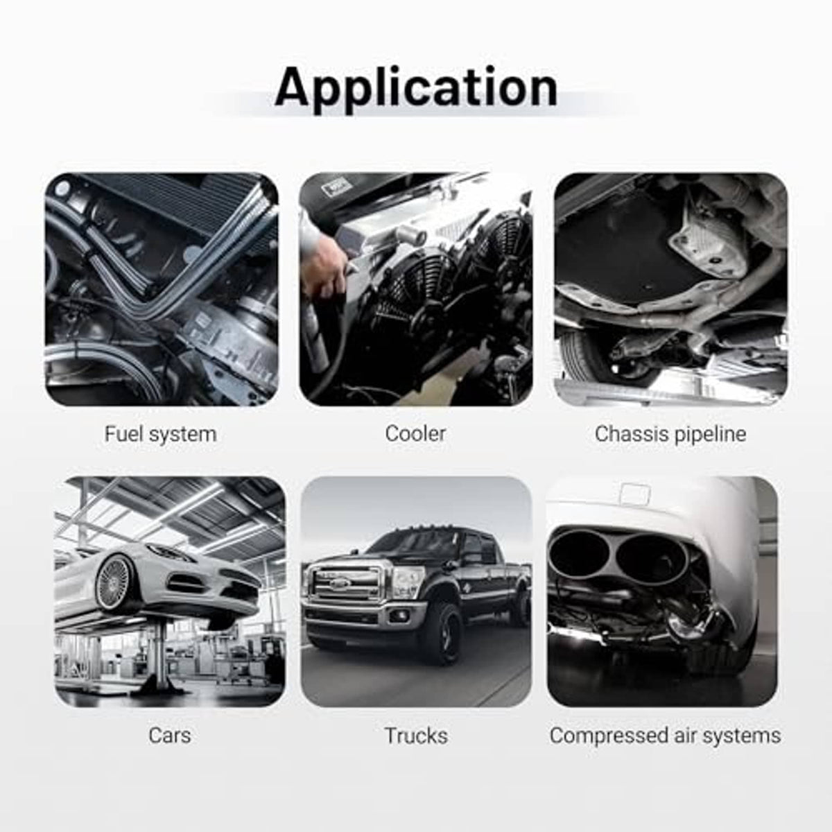 Swivel fitting application collage showing fuel, cooling, and vehicle piping scenes