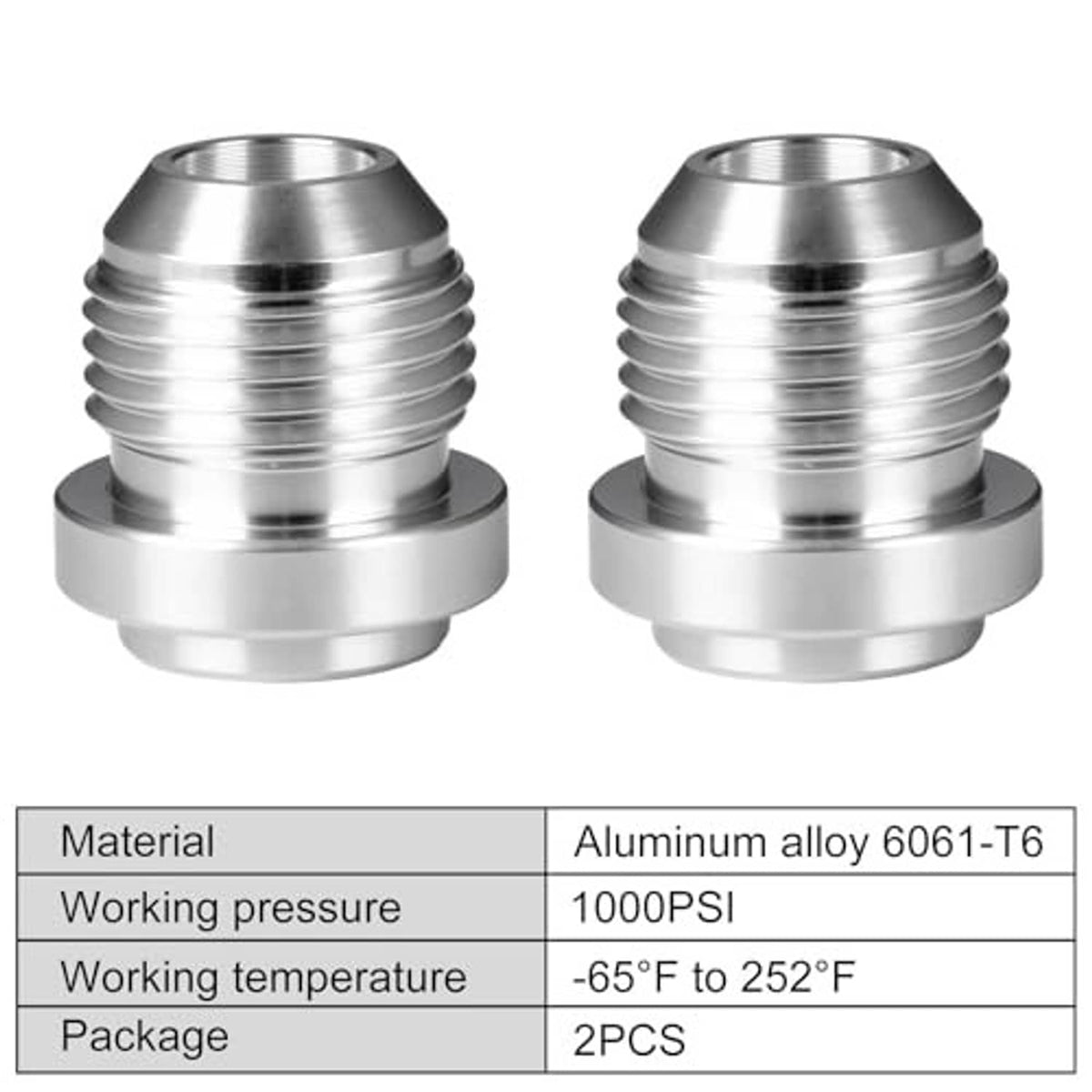 Two male flare weld fitting adapters, silver aluminum with flared base and threads