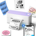Purple Phomemo 241BT 4x6 Bluetooth thermal label printer with printed barcode label