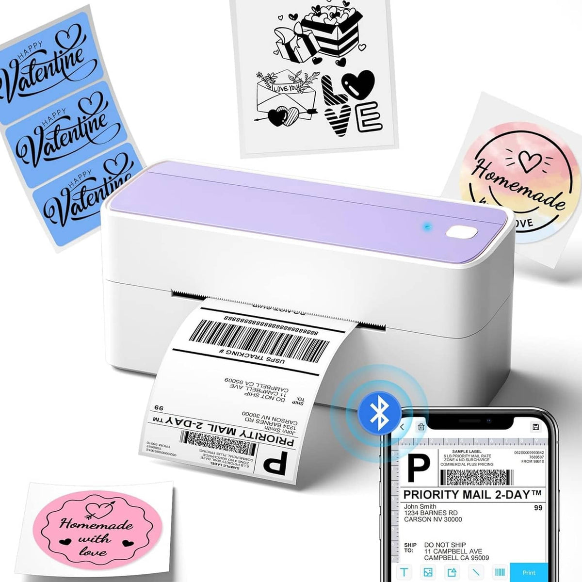 Purple Phomemo 241BT 4x6 Bluetooth thermal label printer with printed barcode label