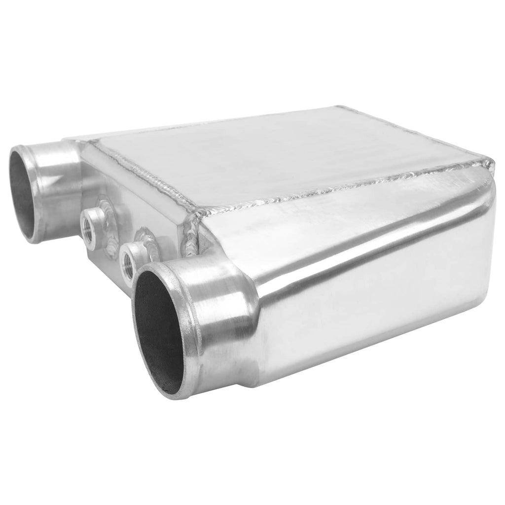 Aluminum water intercooler with left side fittings and dual large tube ends.