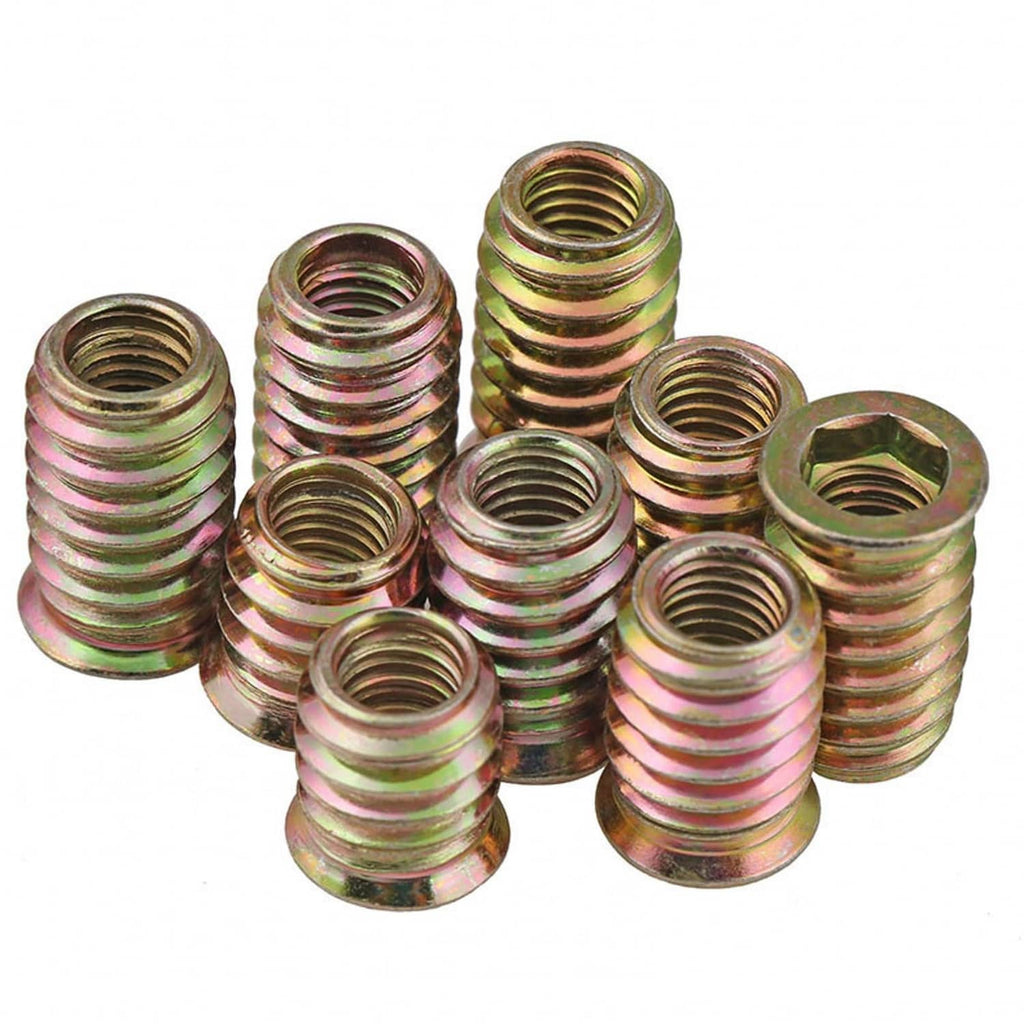 Gold iridescent threaded inserts, hex flanged inserts with internal thread openings