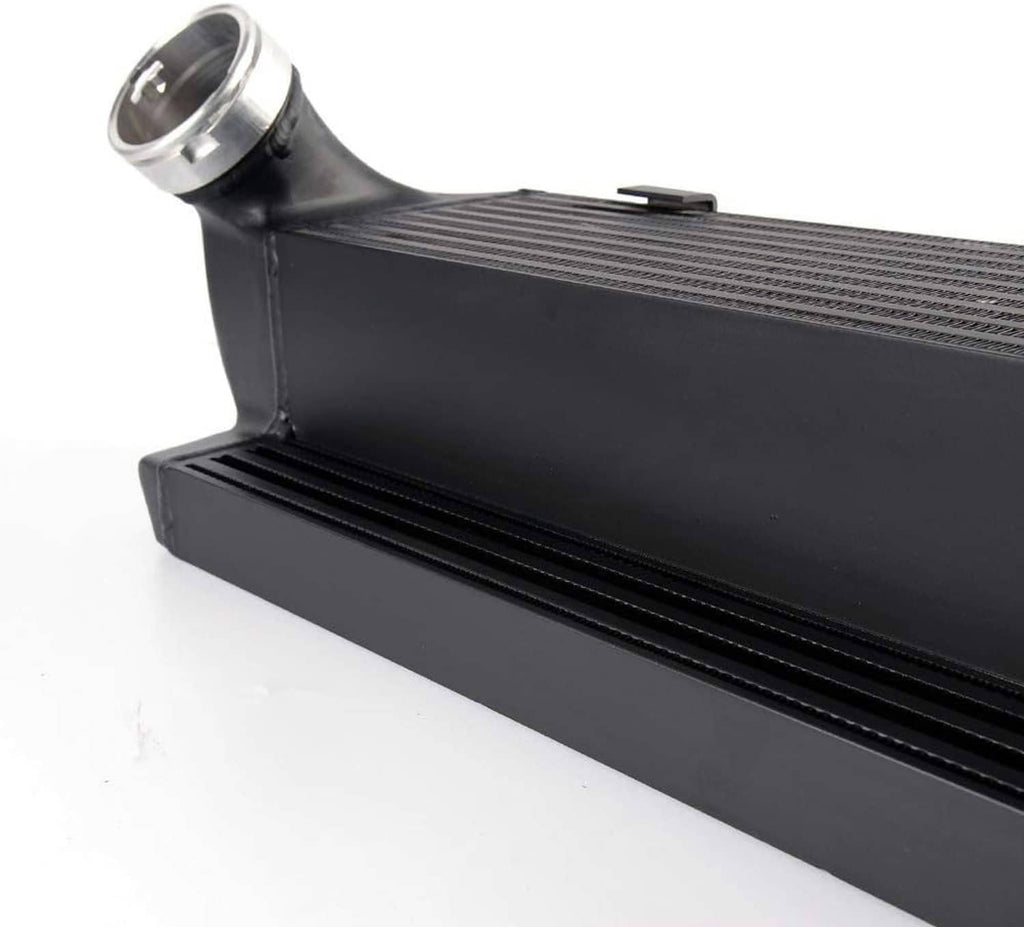 Black intercooler with finned core and silver outlet flange