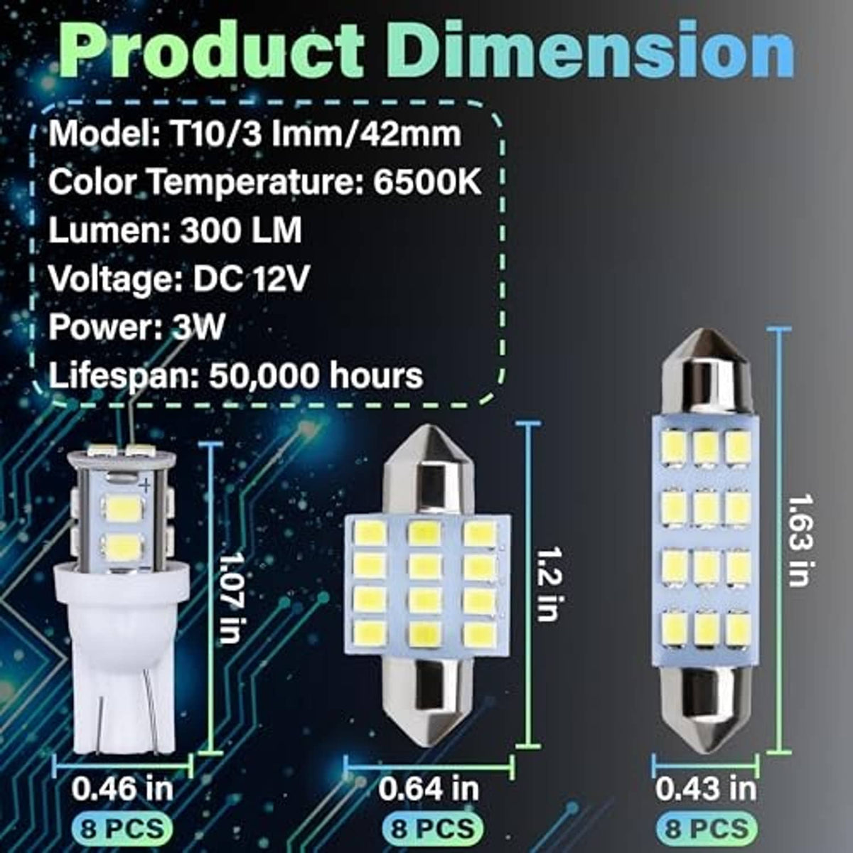LED dome light bulbs with white multi-LED boards and chrome caps, three size views