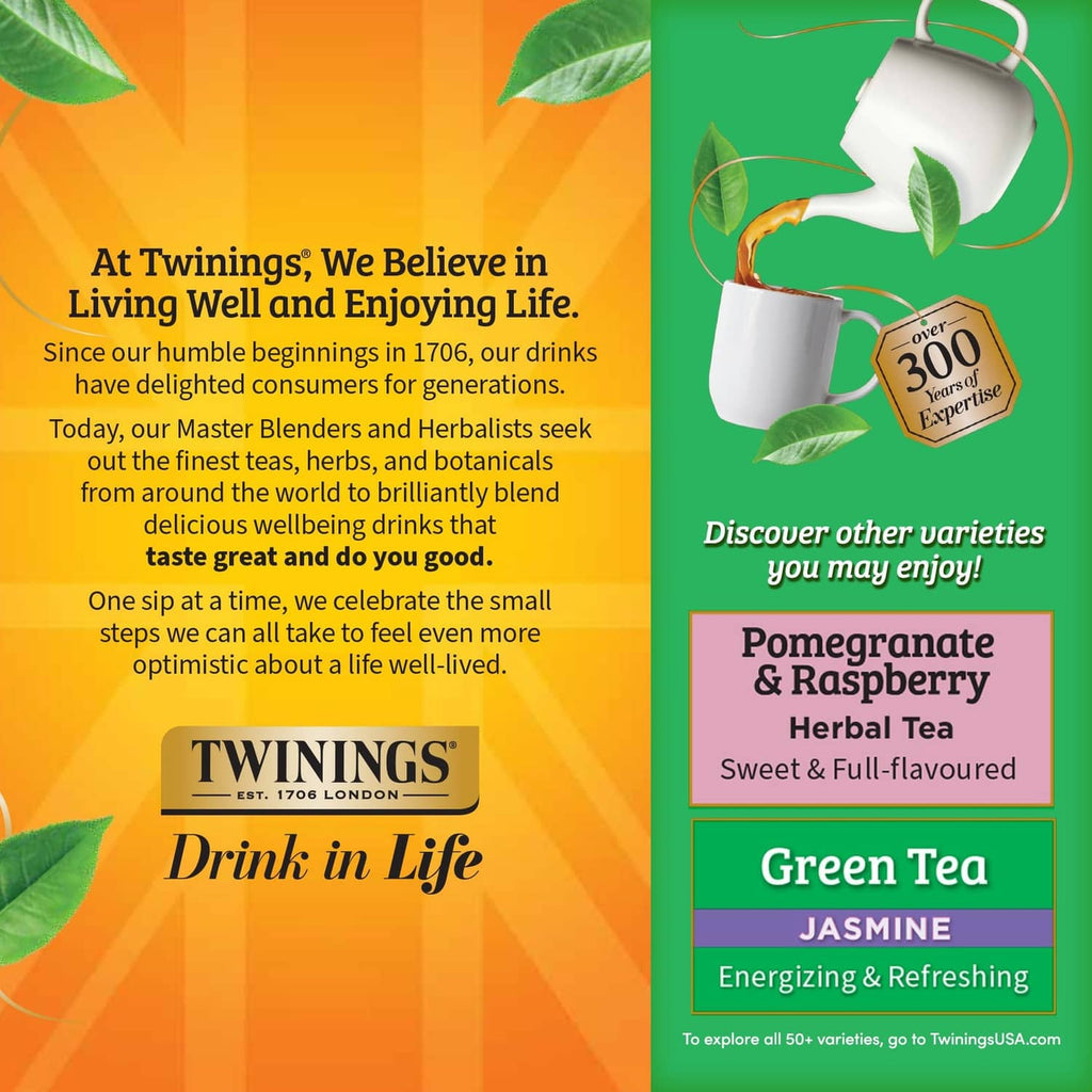 Twinings green tea variety card with pomegranate & raspberry and jasmine teas