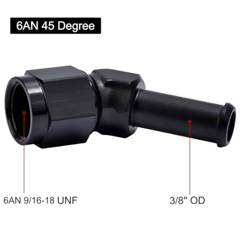 45-degree swivel fitting with 6AN female inlet and 3/8 in OD outlet, black metal.