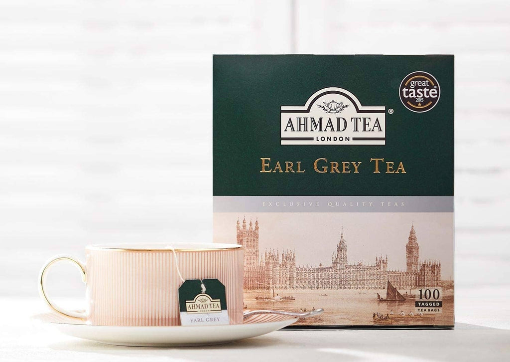 Ahmad Tea Earl Grey Tea teabags box with teacup and saucer, 100 count