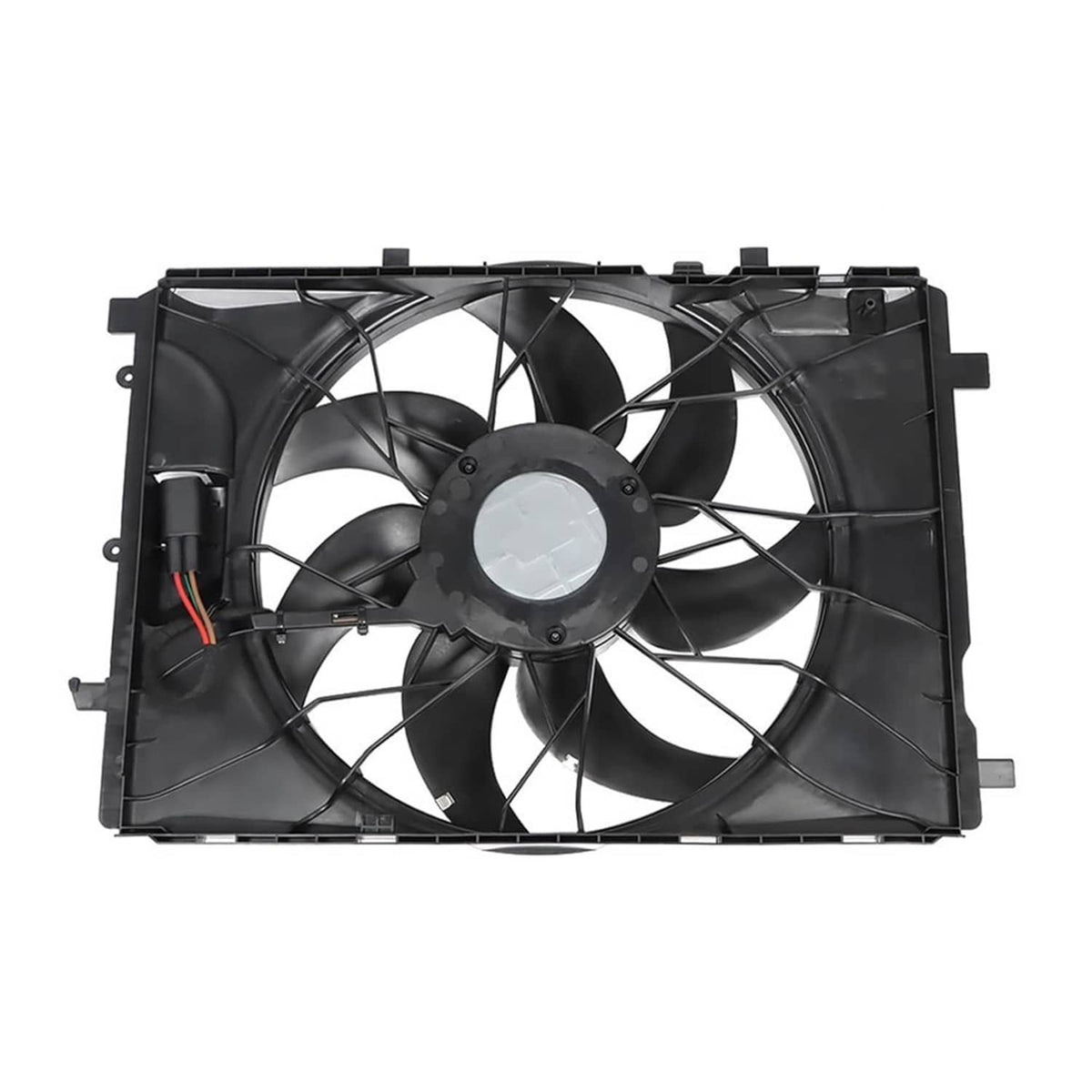 Mercedes-Benz radiator cooling fan assembly with black blades and circular motor hub