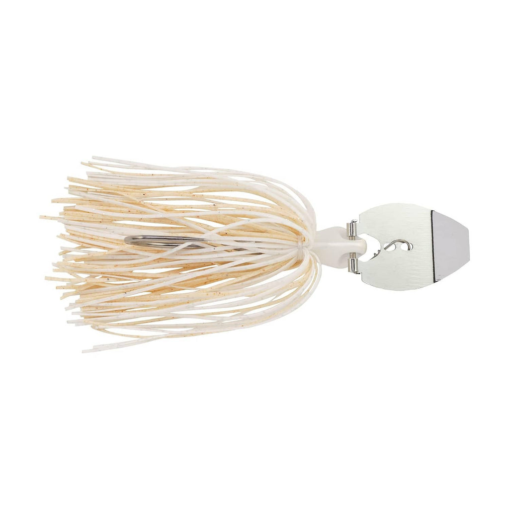 White bladed jig with long skirt strands, white head and metal blade