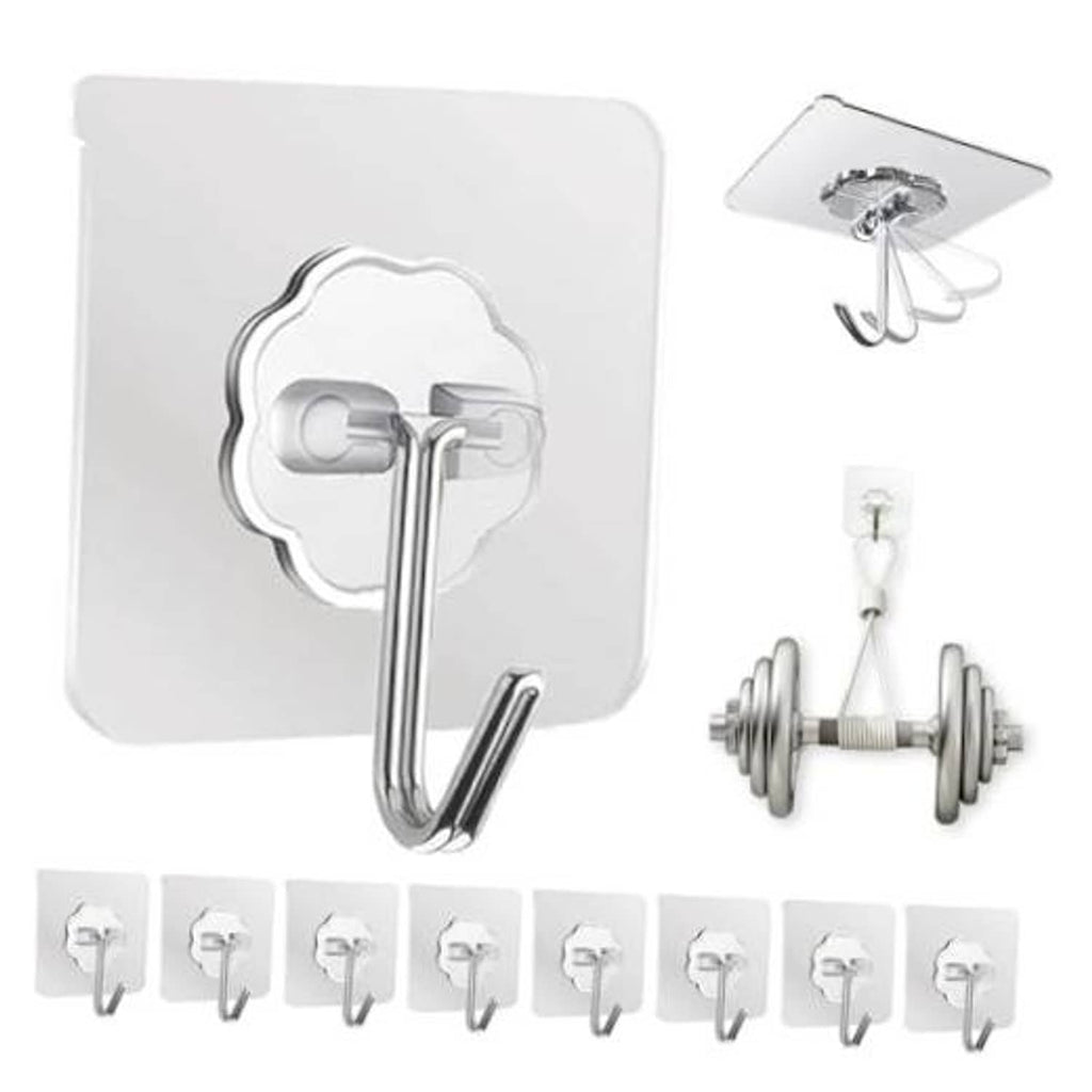 Adhesive wall hook with chrome J-style hooks on a white backing plate and metal mounting parts