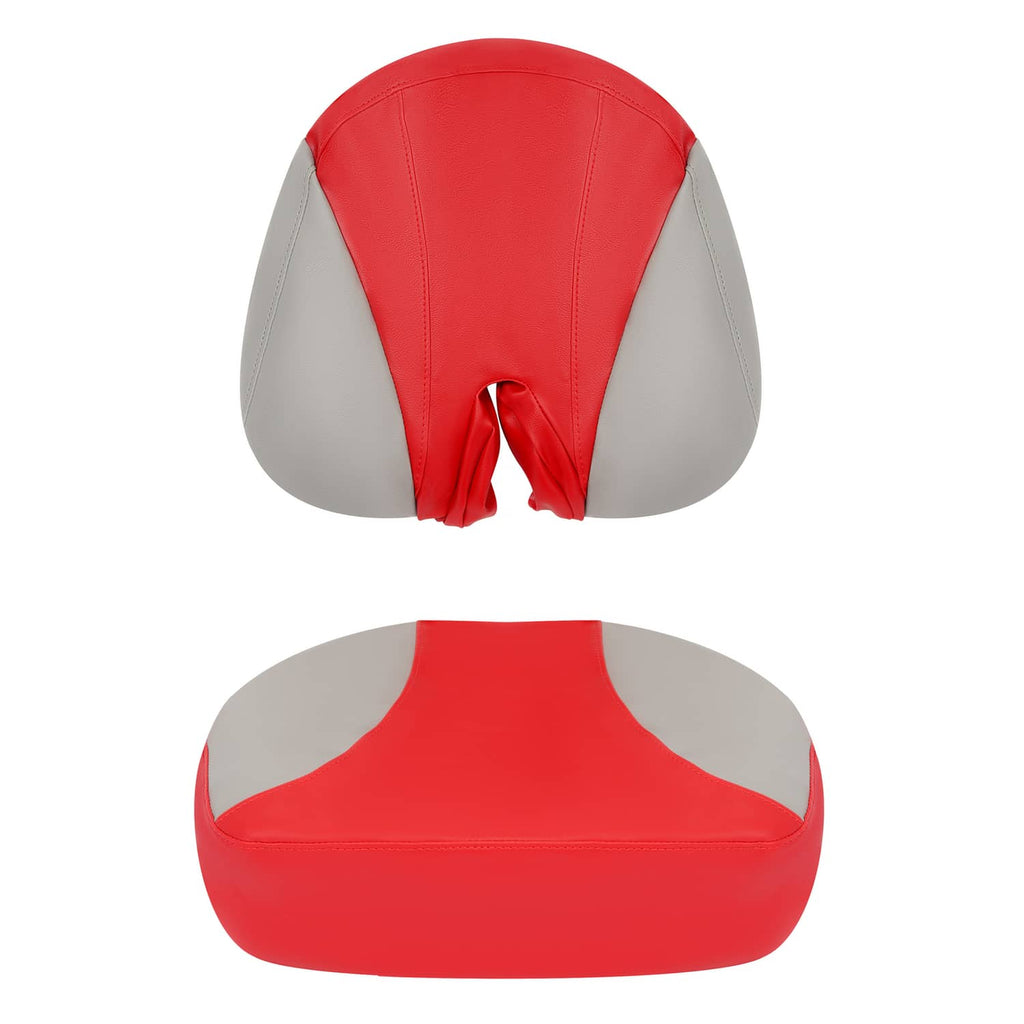 Close view of red and gray molded seat cover with stitched seams and center split