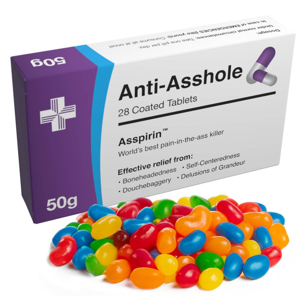 Funny joke pill box labeled "Anti-Asshole" with pile of multicolor candy jelly beans