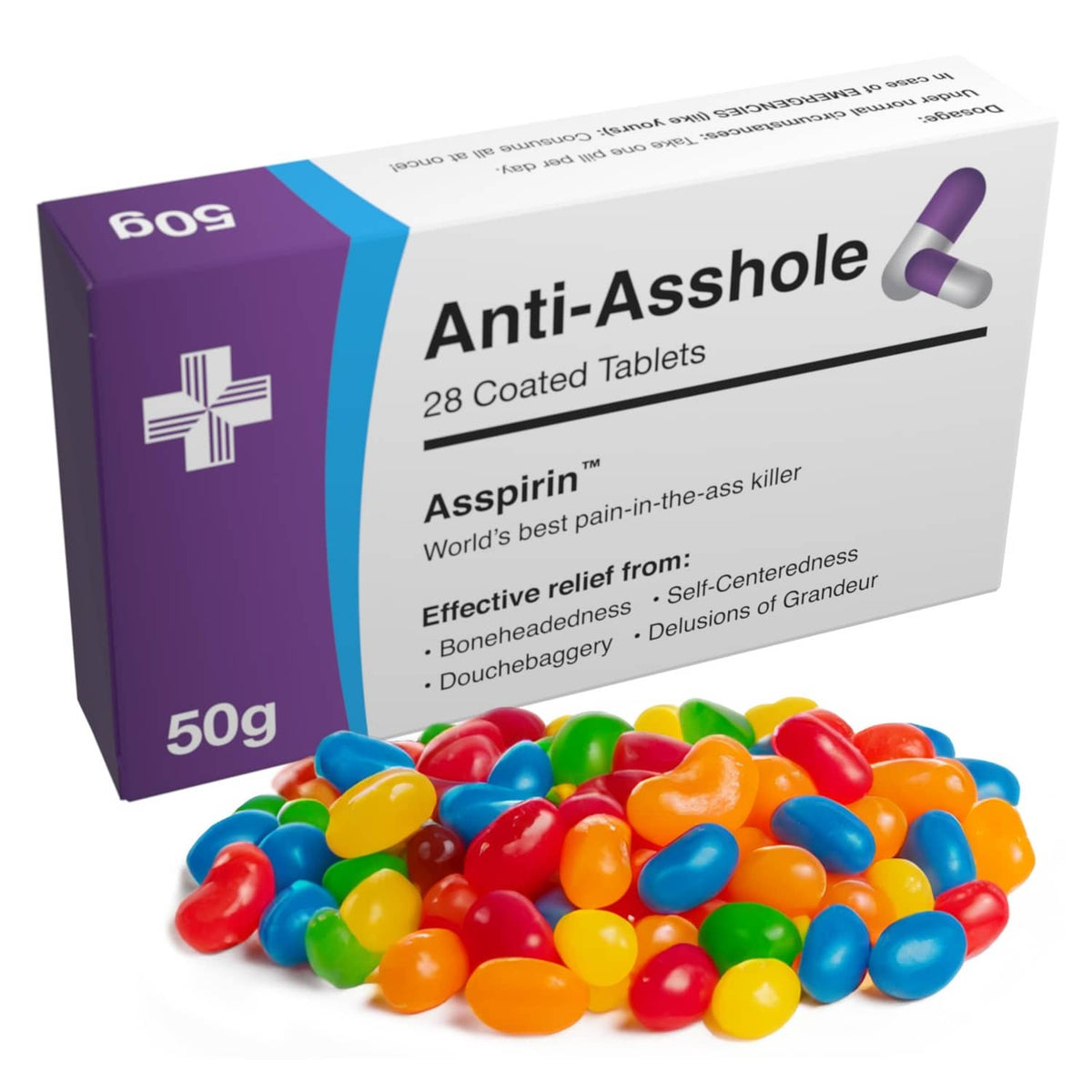 Funny joke pill box labeled "Anti-Asshole" with pile of multicolor candy jelly beans