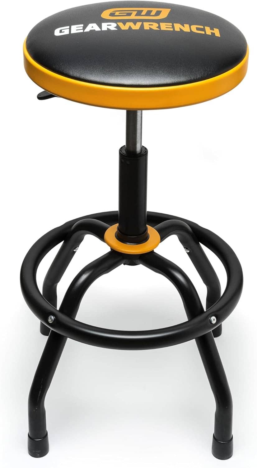 GEARWRENCH adjustable height swivel shop stool with black seat, orange rim, round black footrest