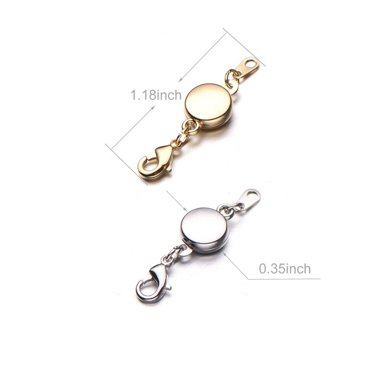 Magnetic necklace or bracelet clasp with round magnet discs and chain links, gold and silver