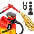 Red fuel transfer pump with hand-trigger nozzle, hose, and connection fittings