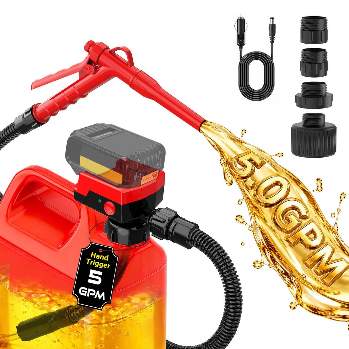 Red fuel transfer pump with hand-trigger nozzle, hose, and connection fittings