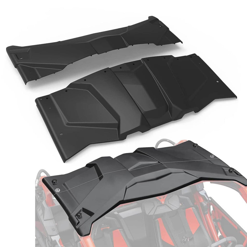 Black two-piece roof panel set with predrilled holes and angular protective design