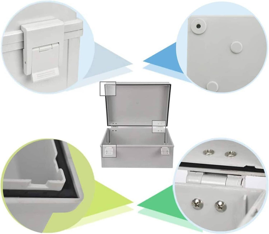 Grey waterproof electrical box, open view with screw points and interior hardware